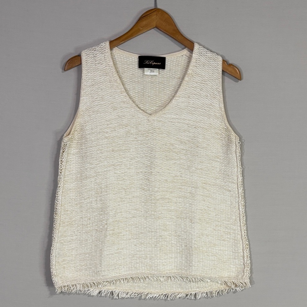 Les Copains Made in Italy Cream Frayed Hem V Neck Top